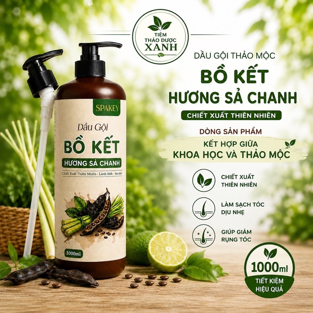 Dầu gội thảo dược bồ kết, thảo mộc bưởi non: giảm rụng tóc, hỗ trợ mọc tóc SPAKEY