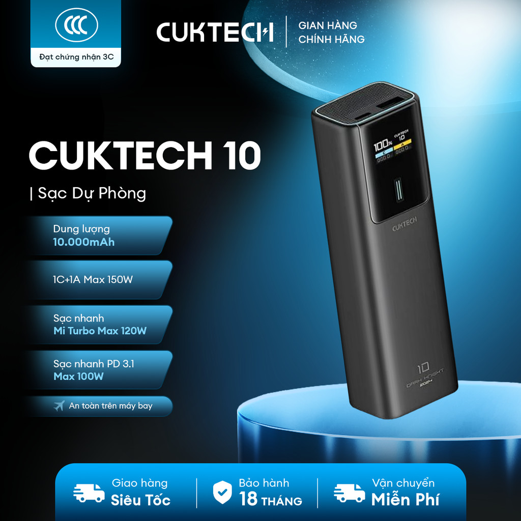 CUKTECH 10 Sạc Di Động 1C1A | Công Suất 150W Max | Dung Lượng 10.000mAh | Bảo Hành 18 Tháng PB100P | BigBuy360 - bigbuy360.vn