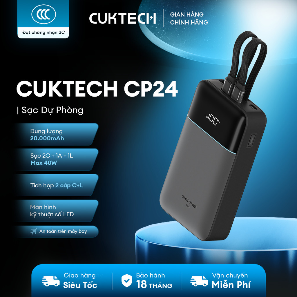 CUKTECH CP24 Sạc Di Động Kèm Cáp | Dung lượng 20.000mAh | Công Suất Max 40W | Bảo Hành 18 Tháng LPB200NL/LPB200N | BigBuy360 - bigbuy360.vn