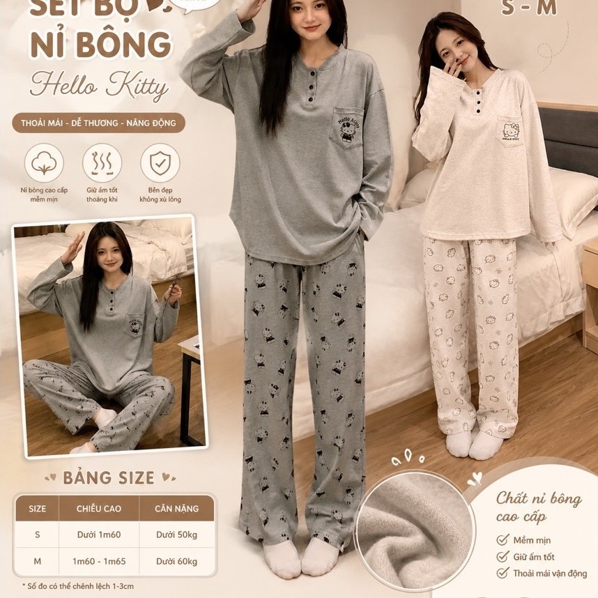 Set bộ đồ nỉ phối cúc in hình Kitty 2 màu nữ. Bộ đồ dài tay form rộng dễ thương