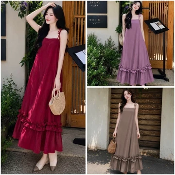 Váy maxi 2 dây cột vai phối bèo tầng nữ tính basic - váy 2s nơ vai phối tầng