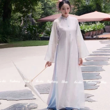 Áo dài voan lụa tứ thân hoạ tiết chất vải tơ gấm cao cấp kiểu dáng đơn điệu sẻ tả cổ cao phom áo cách tân