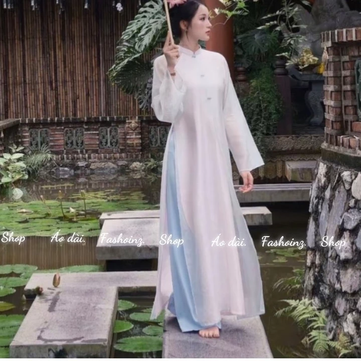 Áo dài voan lụa tứ thân hoạ tiết chất vải tơ gấm cao cấp kiểu dáng đơn điệu sẻ tả cổ cao phom áo cách tân