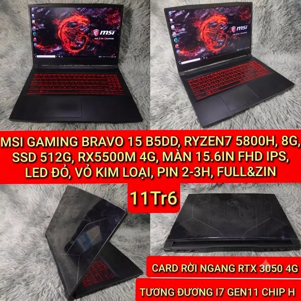 LAPTOP MSI GAMING BRAVO 15 B5DD, RYZEN 7 5800H, 8G, SSD 512G, RX5500M 4G, MÀN 15.6IN FHD IPS, LED ĐỎ
