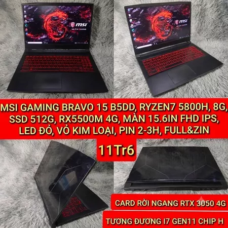 LAPTOP MSI GAMING BRAVO 15 B5DD, RYZEN 7 5800H, 8G, SSD 512G, RX5500M 4G, MÀN 15.6IN FHD IPS, LED ĐỎ