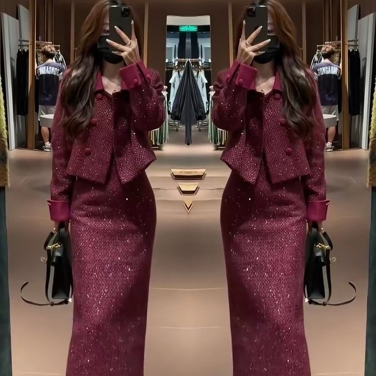Set Áo Khoác Nữ Phối Chân Váy Dài Màu Đỏ Đô Họa Tiết Lấp Lánh Dáng Thanh Lịch