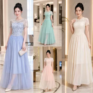 Đầm váy dạ hội, đầm dự tiệc, đầm dạo phố, đầm trung niên, đầm ren xoè dài phối tơ xinh xắn cao cấp tko