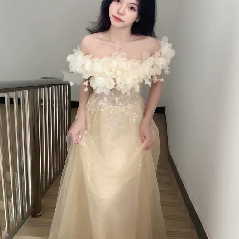 Đầm Dạ Hội Dài Trễ Vai Hoa 3D Đính Kim Sa Dáng Xòe Sang Trọng Váy Dự Tiệc Nữ