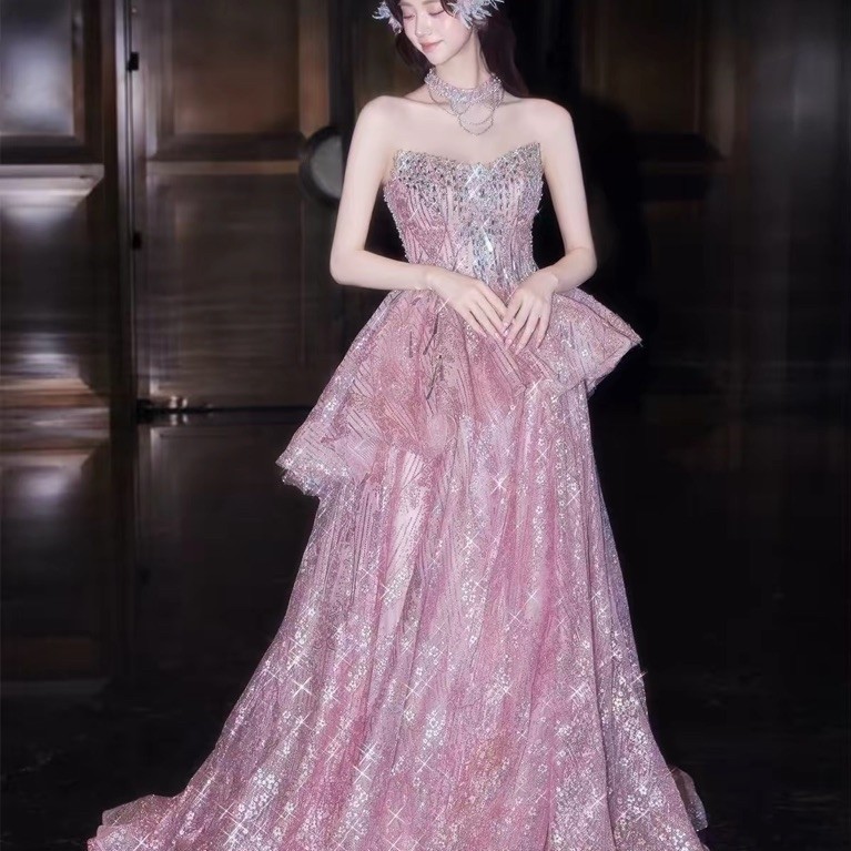 Đầm Dạ Hội Dài Nữ Màu Hồng Pastel Cúp Ngực Dáng Xòe Chiết Eo Phối Tùng Bồng Sang Trọng