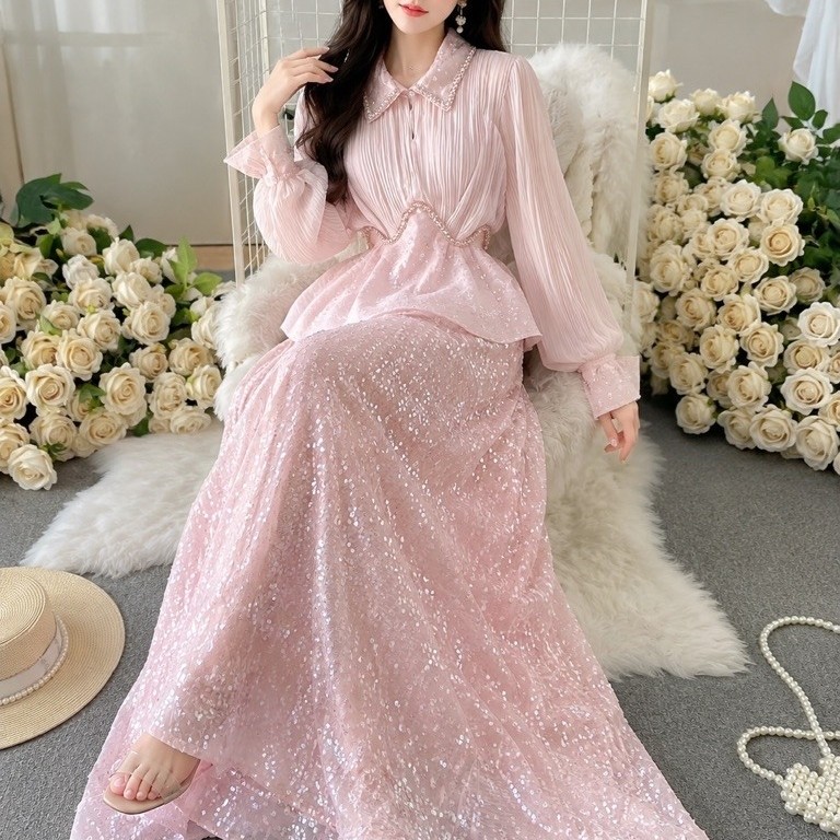 Set Áo Sơ Mi Tay Dài Xếp Ly Phối Chân Váy Sequin Hồng Pastel Thanh Lịch Nữ