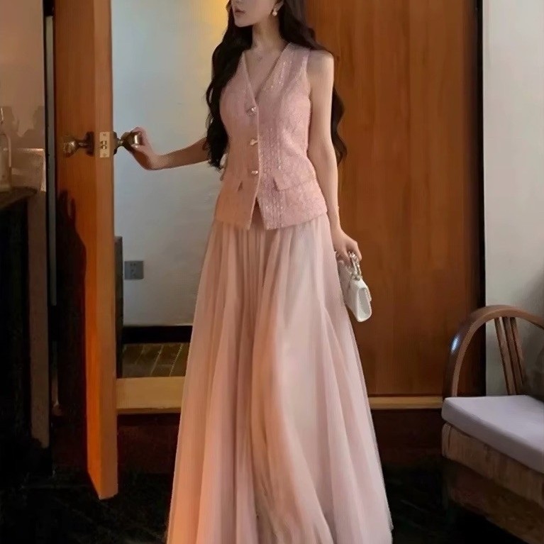 Áo Gile Nữ Tweed Dệt Kim Dáng Ôm Cổ V Cài Cúc Phối Túi Giả Thanh Lịch Phong Cách Tiểu Thư