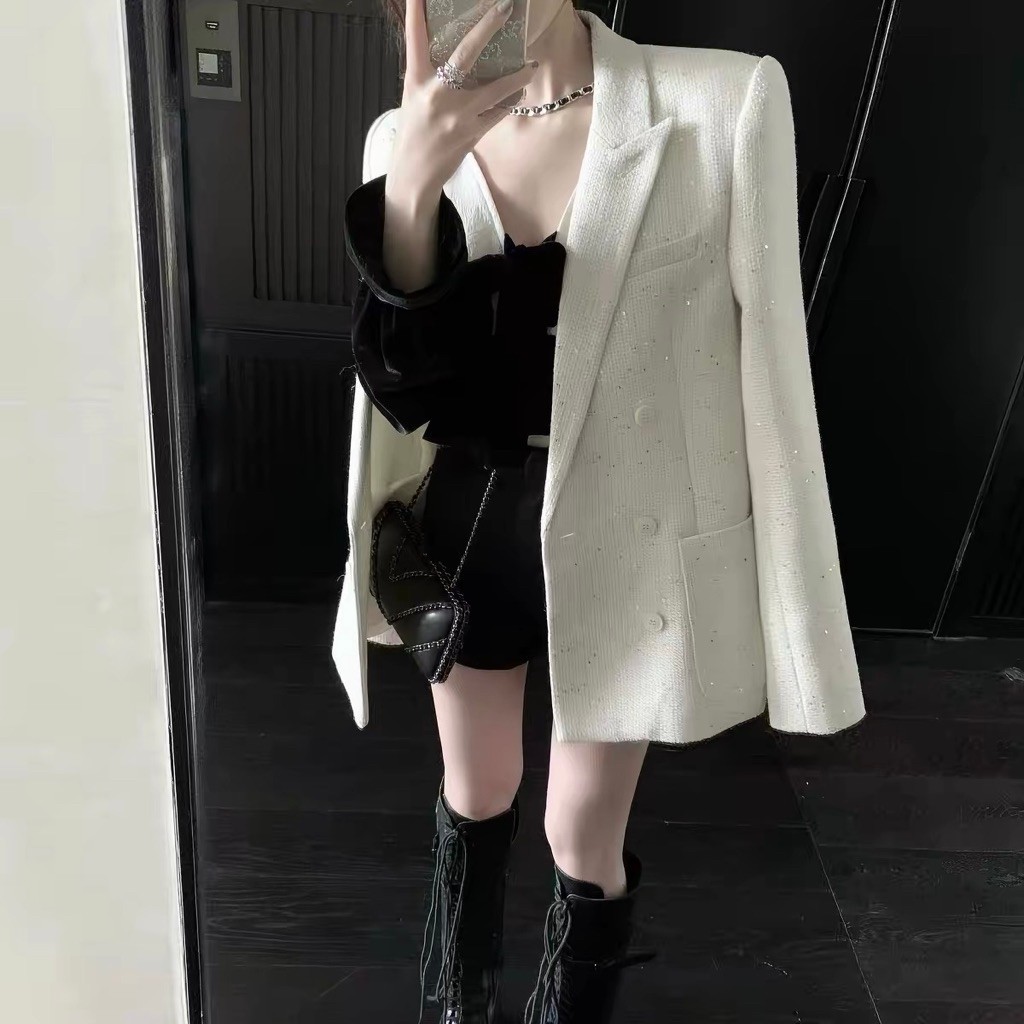 Áo Blazer Nữ Tweed Trắng Đính Nhũ Lấp Lánh Dáng Suông 2 Hàng Cúc Thanh Lịch Cá Tính