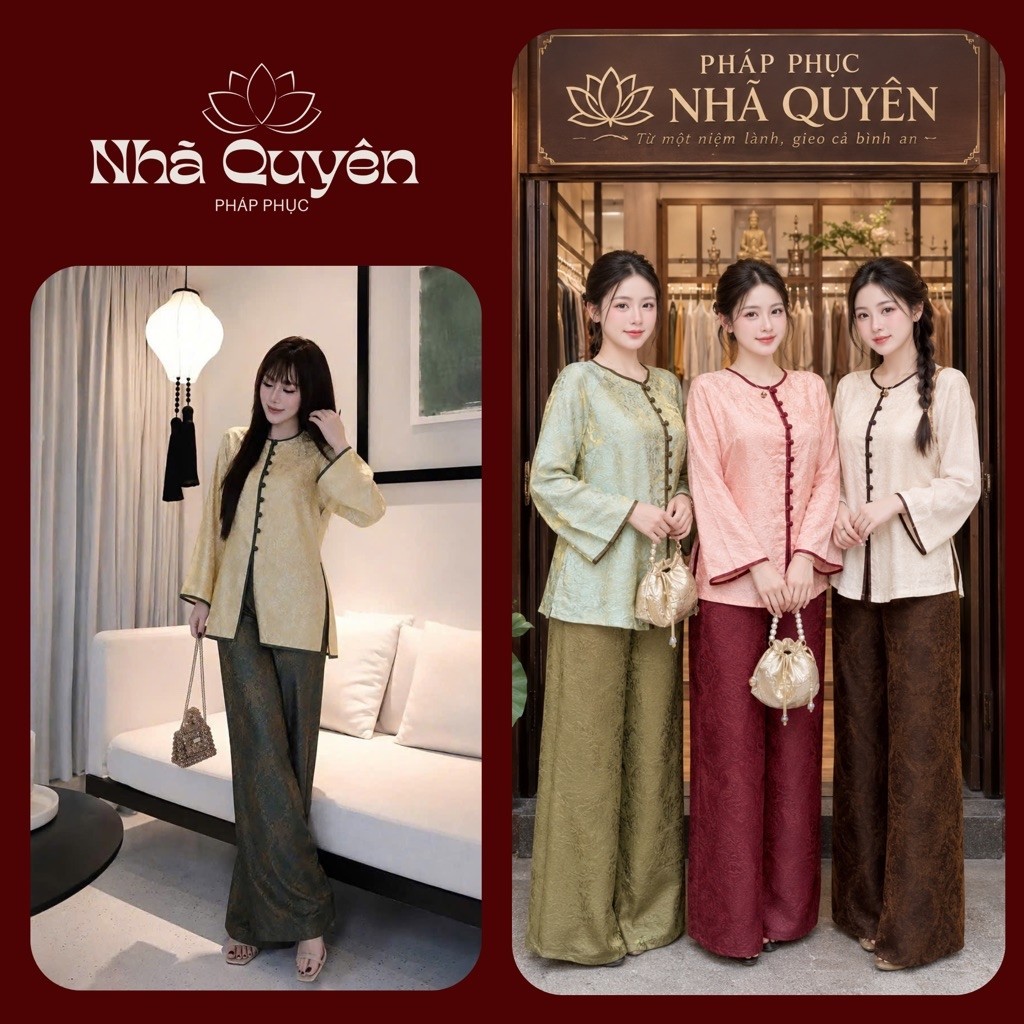 MẪU MỚI/Bộ Pháp Phục bà ba phối viền cổ tròn nút bọc