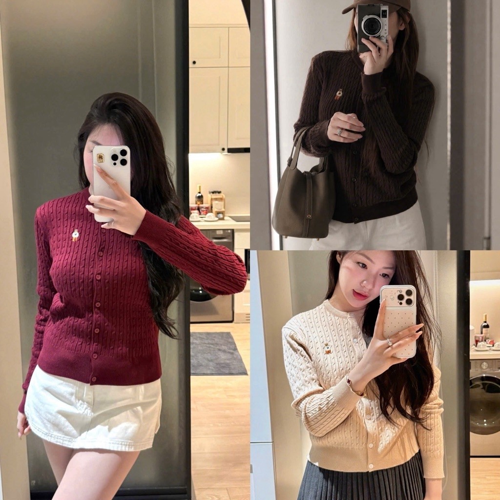 Áo cardigan len nữ gấu thêu dáng suông, chất len dệt kim mềm mịn giữ ấm, 5 màu basic dễ phối