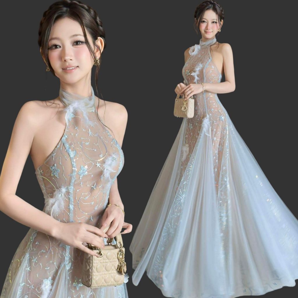Đầm Maxi Cổ Yếm Đính Lông Thủ Công Cao Cấp