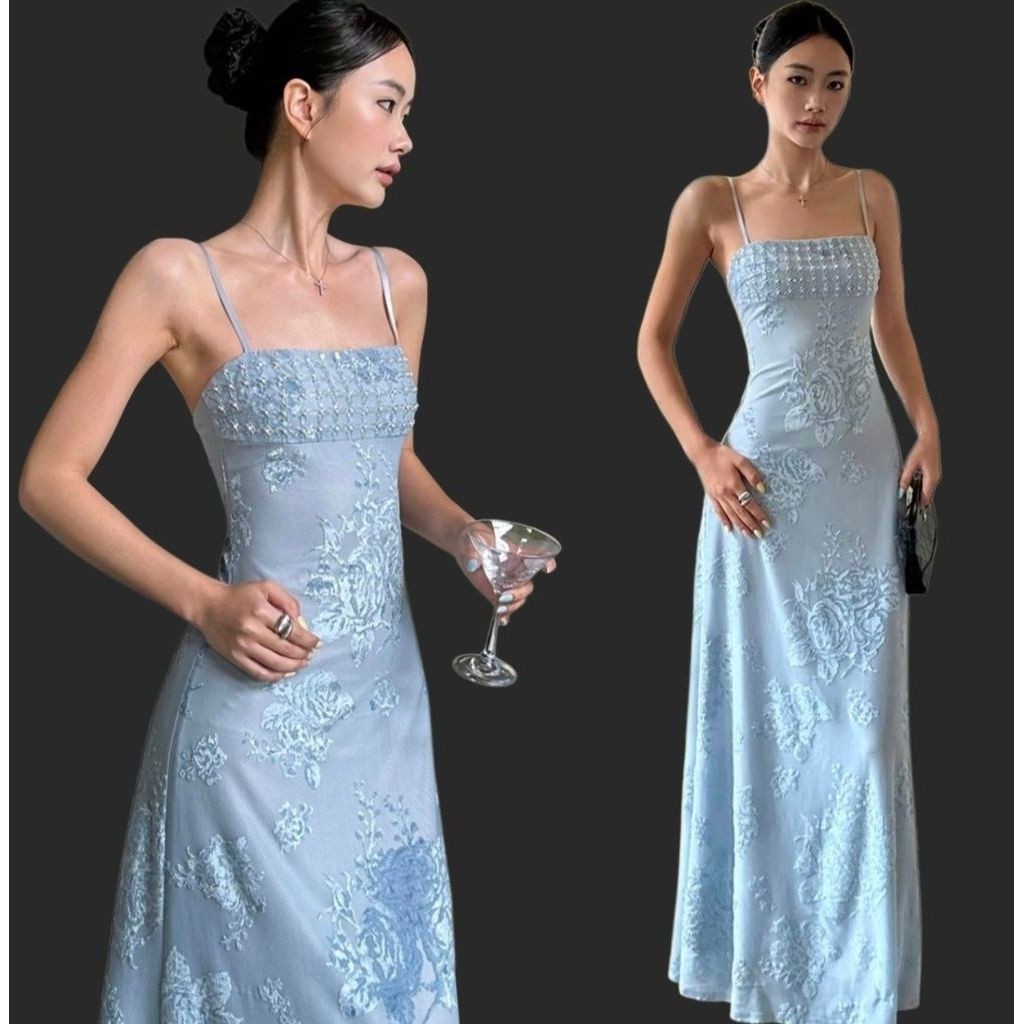 Đầm Maxi Hai Dây Hoạ Tiết Hoa Nổi Cao Cấp