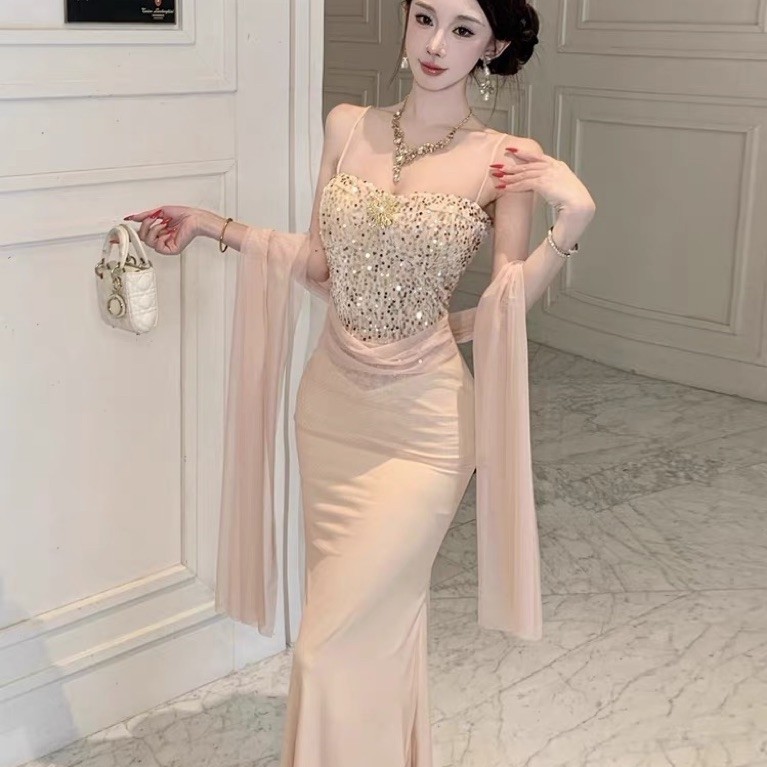 Đầm Dạ Hội Nữ Sequin Phối Khăn Choàng Dáng Dài Ôm Dáng Sang Trọng