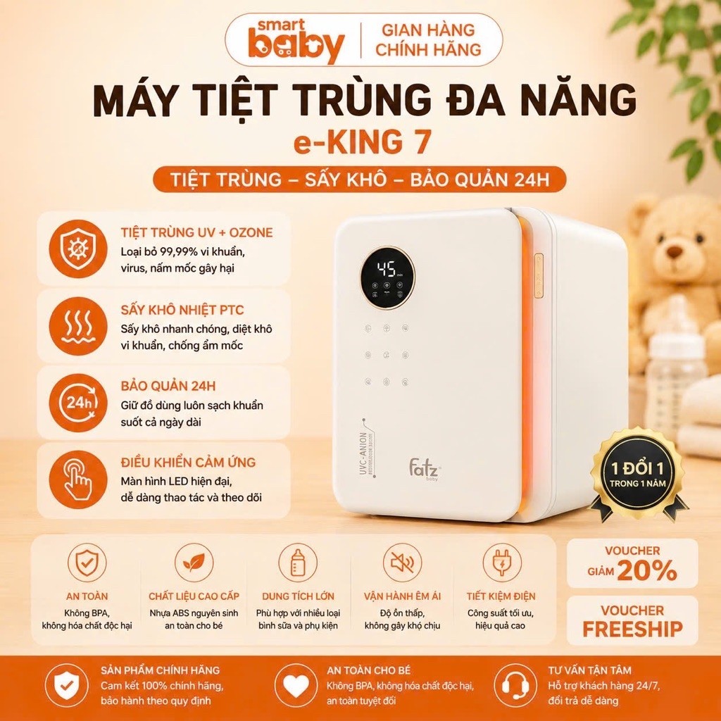 áy tiệt trùng sấy khô khử mùi UVC-LED công nghệ Anion e-KING 7 - Fatz baby - FB4732VN
