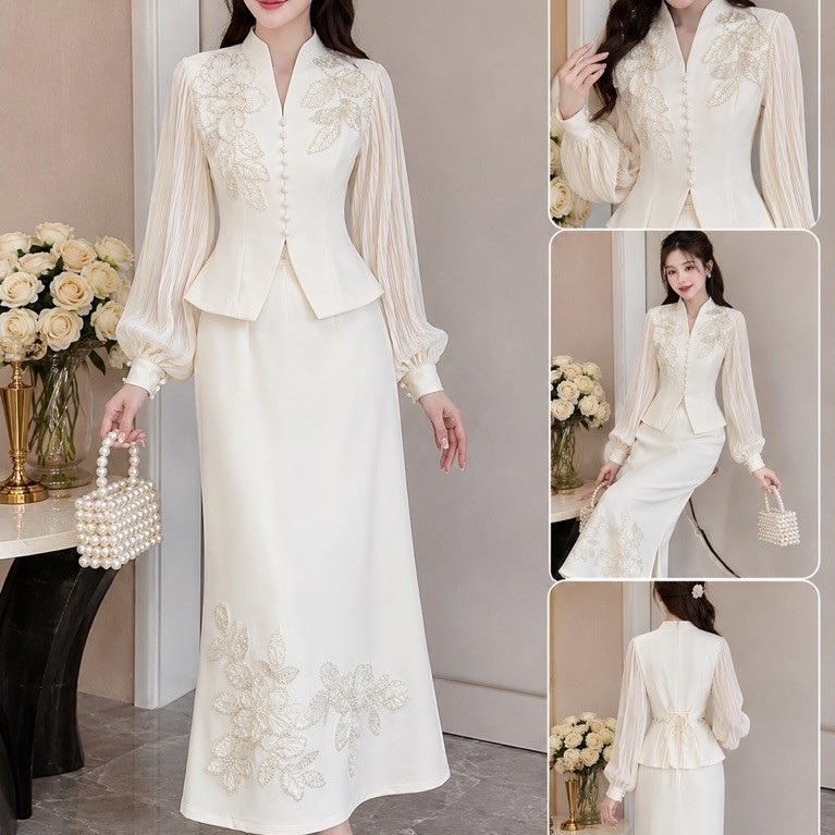 Set Váy Nữ Trắng Cao Cấp Áo Cổ Đứng Tay Xếp Ly Phối Chân Váy Dài Thêu Hoa Thanh Lịch
