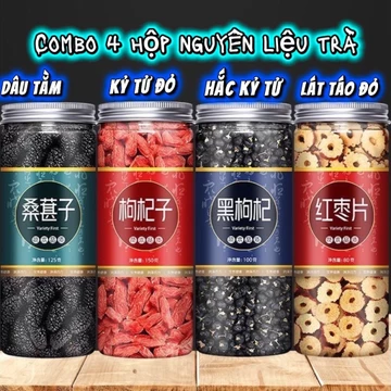 Combo 4 Hộp Nguyên Liệu Trà (Hộp100gr) Dâu Tầm, Kỷ Tử Đỏ, Hắc Kỷ Tử, Lát Táo Đỏ - Sản Phẩm Chất Lượng Cao