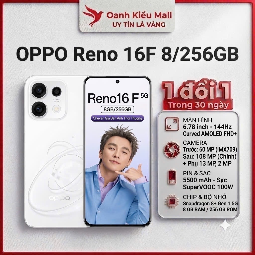 [ Sẵn Hàng Tháng 10] Điện Thoại OPPO Reno 16F 5G - 8/256GB - Camera 50MP -Sạc Nhanh 80W -Tần số quét 120Hz -OanhKieuMall