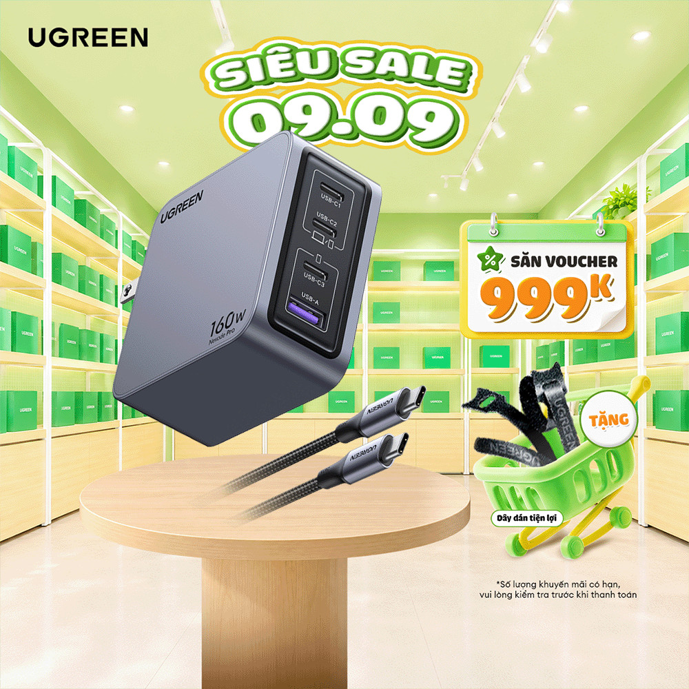 Bộ sạc nhanh UGREEN 160W Nexode GaN Pro X763 | 4 cổng sạc USB-C/USB-A | Kèm cáp sạc USB C 240w 1.5m | Bảo hành 18 tháng