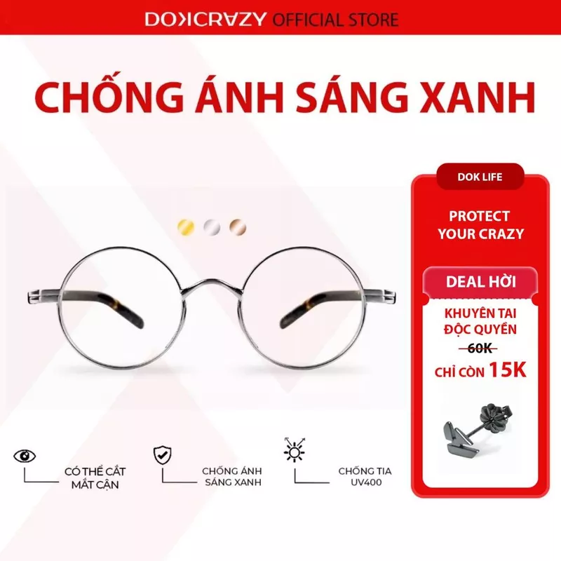 Gọng kính tròn nam nữ DOKCRAZY NOVA Hợp Kim dáng tròn phù hợp mặt nhỏ,chống ánh sáng xanh,tia UV400 — ảnh 1