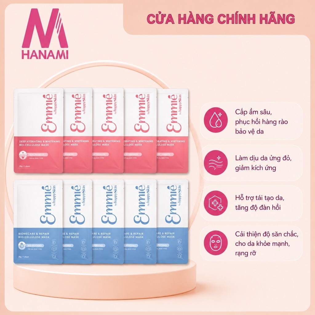Hộp 10 Miếng Mặt Nạ Sinh Học Dừa Emmie by Happy Skin Cấp Ẩm, Phục Hồi, Dưỡng Sáng Da 25g Skincare