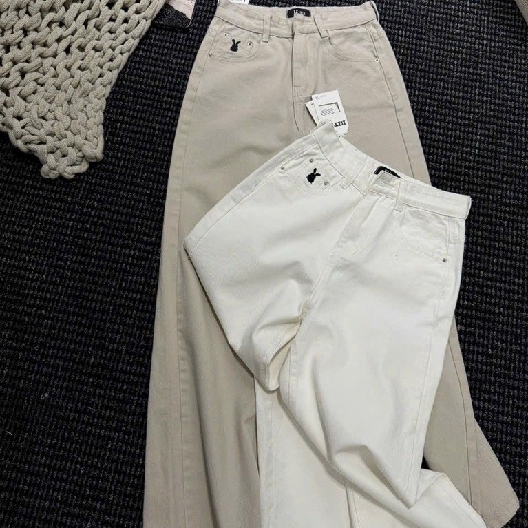(RITA JEAN) A05 Quần Jean Nữ Kaki Màu Kem Thêu Thỏ Dễ Thương Đáng Yêu Nhẹ Nhang Vải Không Giãn Lai Cuốn