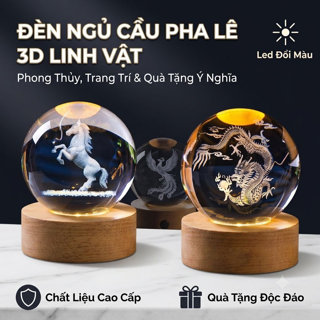​Quả Cầu Pha Lê Phong Thủy 12 Con Giáp 3D Làm Đèn Ngủ, Đèn Trang Trí Bàn Làm Việc Phòng Ngủ - Đế LED Đổi Màu