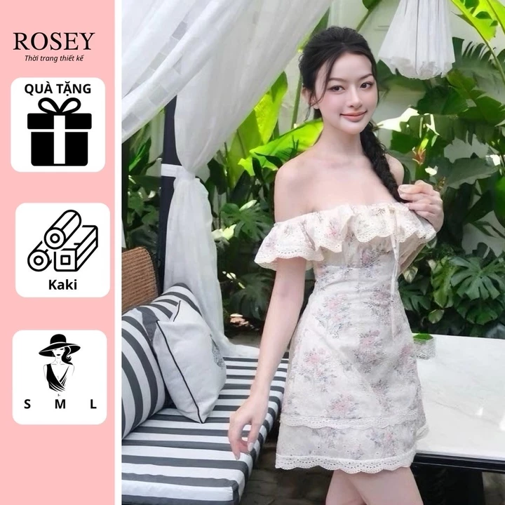 Váy trễ vai hoa chất lụa mát mịn_HÀNG LOẠI 1, Đầm váy trễ vai thiết kế_Rosey.closet