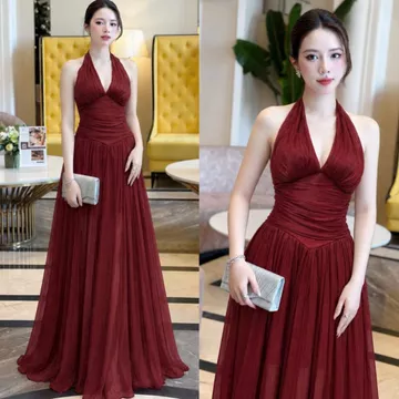 Đầm váy dạ hội, đầm dự tiệc, đầm thiết kế, đầm dáng dài, đầm xoè cổ yếm voan phối lót cao cấp