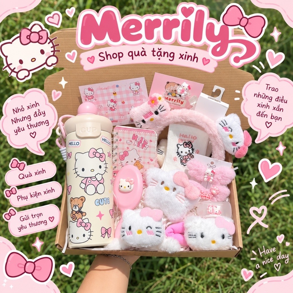 Hộp quà tặng bình nước hello kitty và phụ kiện màu hồng khác theo chủ đề hello kitty tặng bạn nữ , bé gái.