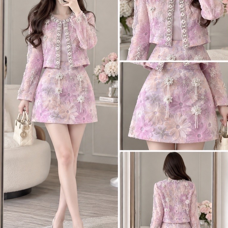 Set Áo Khoác Nữ Hoa 3D Phối Chân Váy Chữ A Đính Đá Ngọc Thanh Lịch