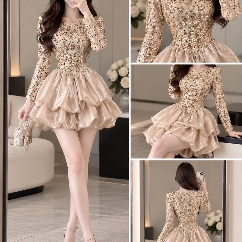 Đầm Nữ Dự Tiệc Sequin Champagne Dài Tay Phối Chân Váy Bồng Xếp Tầng Nữ Tính