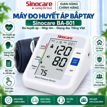 Máy Đo Huyết Áp Bắp Tay Sinocare BA-801 Giọng Đọc Tiếng Việt, Đo Huyết Áp & Nhịp Tim, Bộ Nhớ 2x99