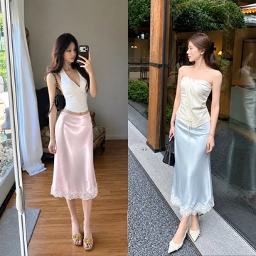 Chân váy midi lụa satin phối ren, Chân váy lụa cạp trễ dáng lửng viền ren sang chảnh hàng 1 lớp