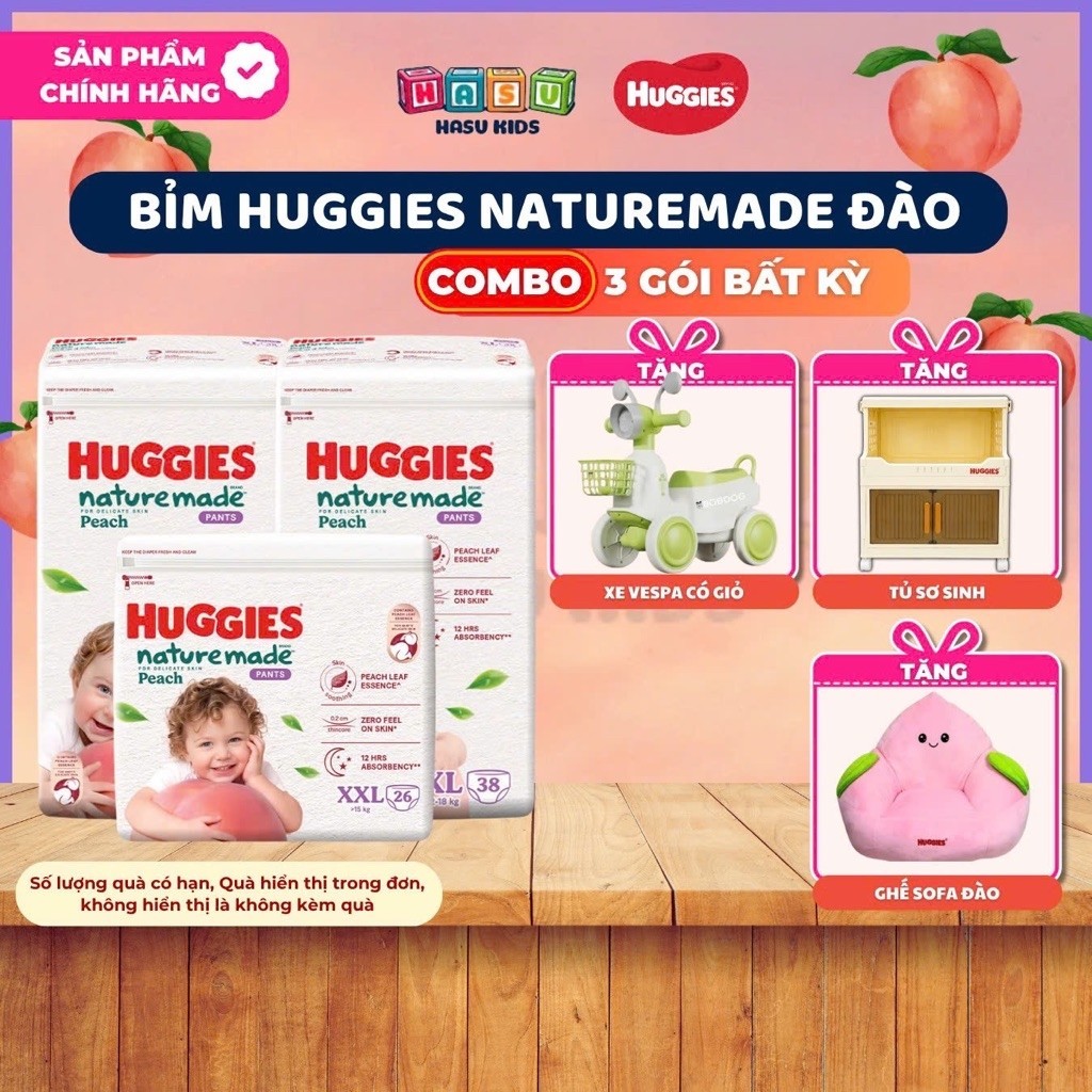 [KÈM QUÀ] Combo 3G Tã/ Bỉm Huggies Naturemade Peach Đào, làm dịu da an toàn, khô thoáng,thấm hút tốt,M58/L44/XL38/XXL26