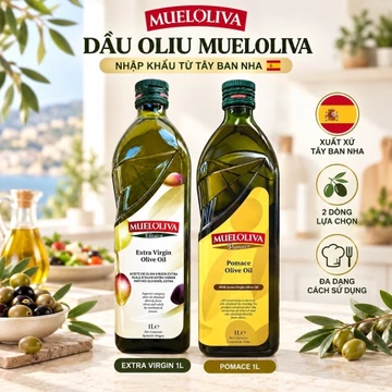Dầu Oliu Mueloliva Tây Ban Nha 1L – Extra Virgin / Pomace – Chai Thủy Tinh, Dầu Olive Nhập Khẩu