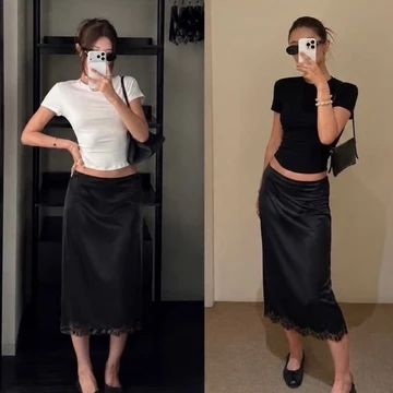 Chân váy lụa midi cạp trễ phối ren sang chảnh, Chân váy lụa satin viền ren form chữ A hàng 1 lớp mềm mịn