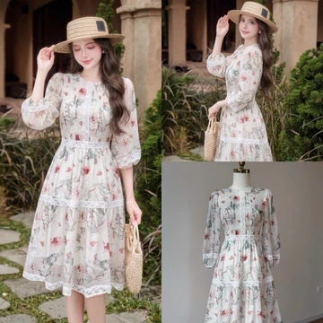 v923 Váy thiết kế tiểu thư tơ hoa viền ren dịu dàng, váy hoa tay lỡ cổ tròn thanh lịch, váy đi làm, đi tiệc, đi chơi