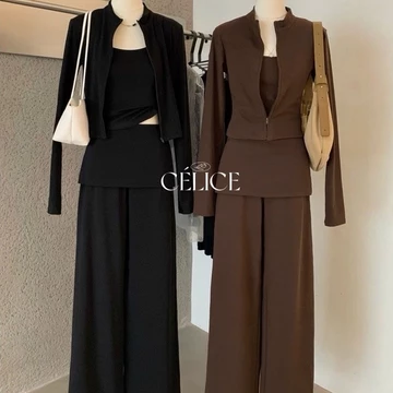 CÉLICE~ < 57KG set 3 chi tiết nữ màu nâu Bộ đồ nữ bộ kiểu nữ bộ dài nữ bộ áo khoác quần dài nữ set kiểu nữ bộ nữ