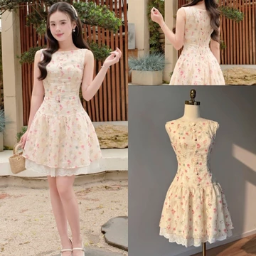 v873 Váy thiết kế tiểu thư hoa nhí phối ren dễ thương, lót lụa Hàn mềm mại, váy du lịch, váy hẹn hò xinh