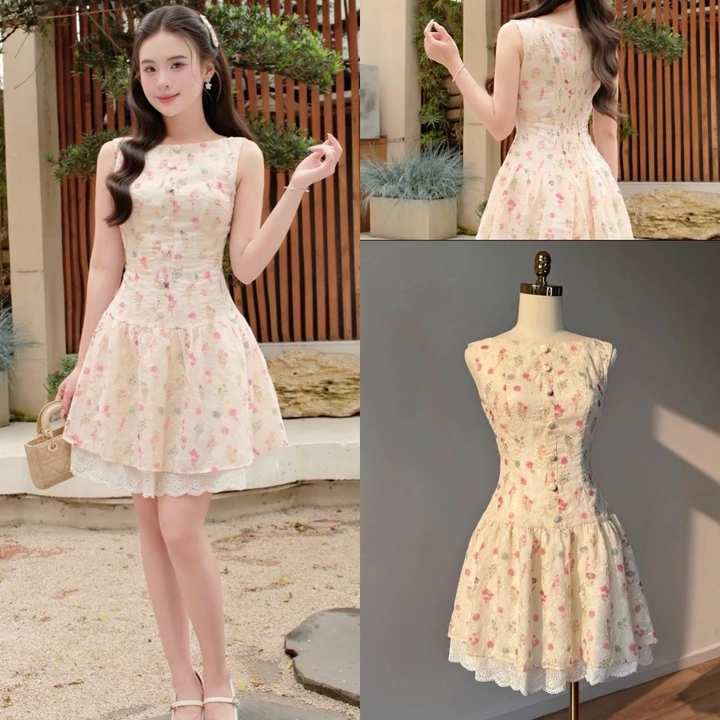 v873 Váy thiết kế tiểu thư hoa nhí phối ren dễ thương, lót lụa Hàn mềm mại, váy du lịch, váy hẹn hò xinh