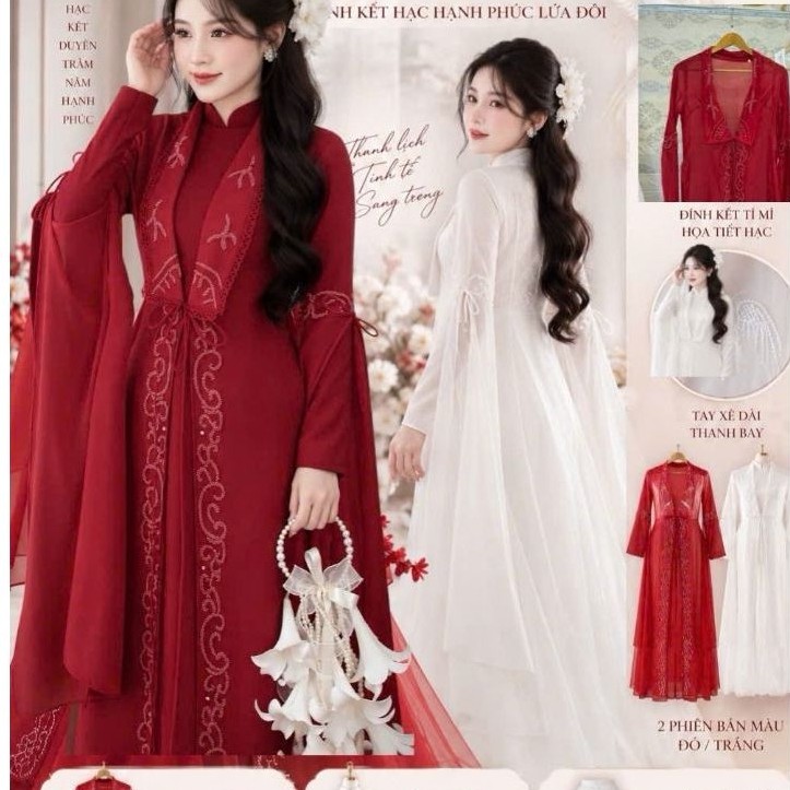 Áo Choàng Áo Dài Cưới Đính Hạc Hạnh Phúc Lứa Đôi – Set Áo Dài Cặp Đôi Sang Trọng
