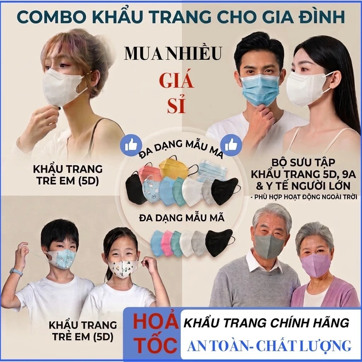 [COMBO] 50-500 KHẨU TRANG Y TẾ NHIỀU MẪU MÃ KF94, Khâu Trang 5D, 9D cao cấp
