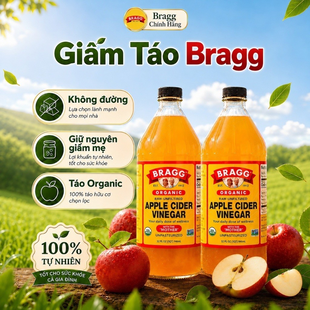 Giấm Táo Hữu Cơ Bragg 473ml Chứa Con Giấm Mẹ Nhập Khẩu Mỹ