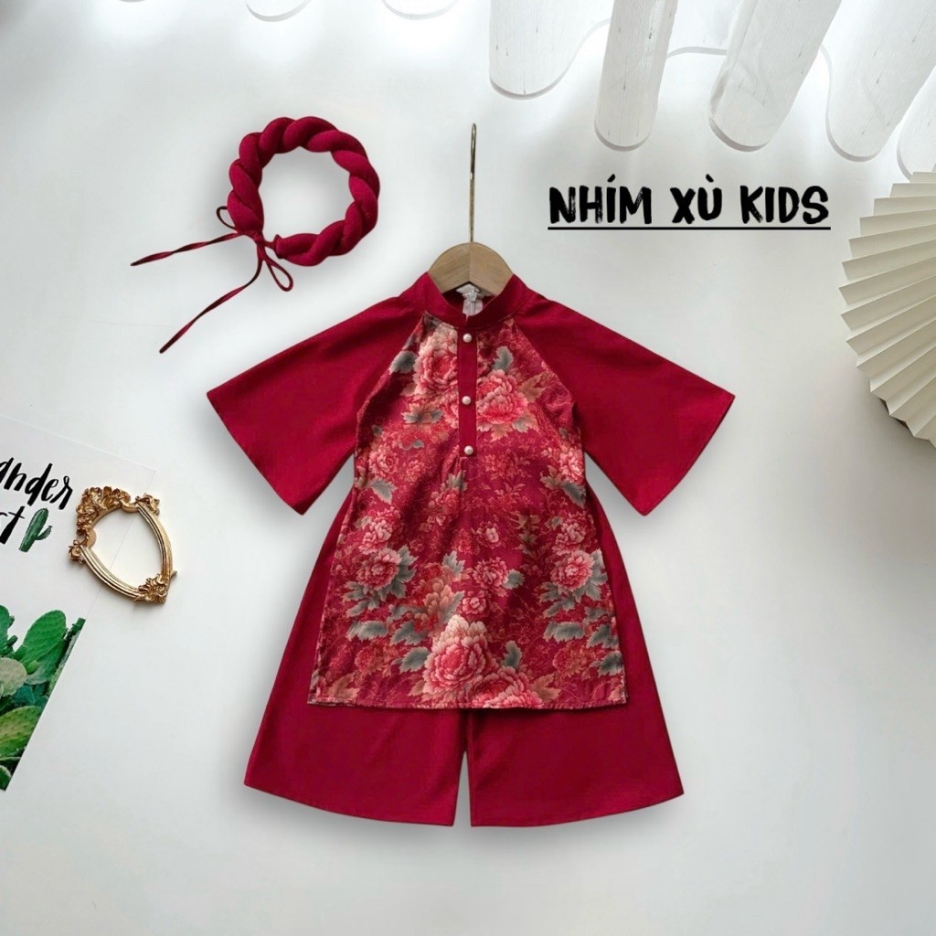 [4-28kg] Áo Dài Hoa Mẫu Đơn Đỏ NHÍM XÙ KIDS Cho Bé Gái 1 tuổi Đến 8 Tuổi AD159