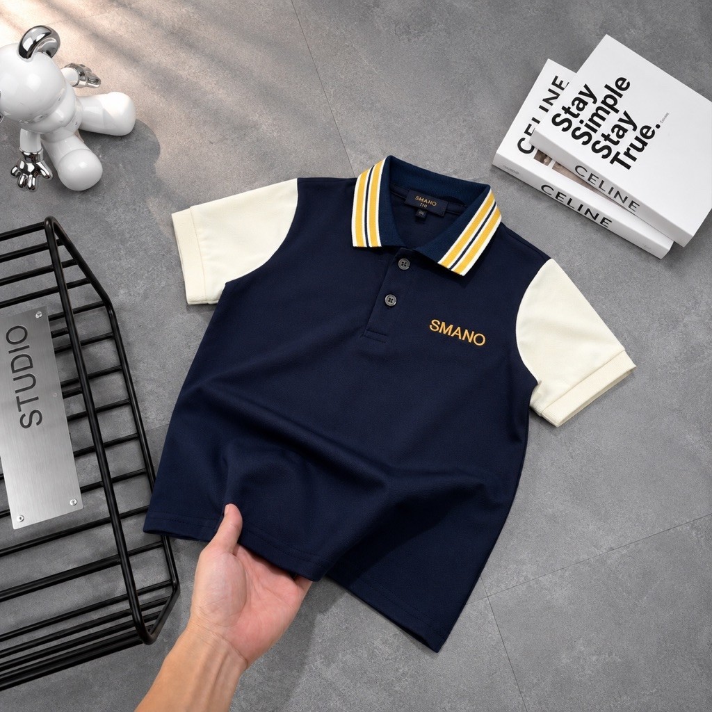 Áo polo bé trai cổ bẻ cotton gai cá sấu thêu logo ngực phối tay áo cổ sọc viền basic phong cách boy phố 8766