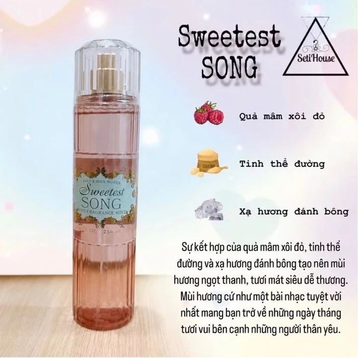 Body mist Bath And Body Works, xịt body mist nữ 236ML - Xịt thơm toàn thân đầy đủ mùi hot (AUTH) SWEETEST SONG